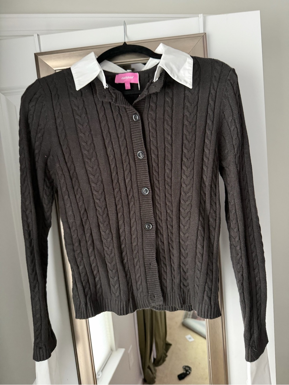 Edikted Dark Brown Cable Knit Button-Up Cardigan with White Collar